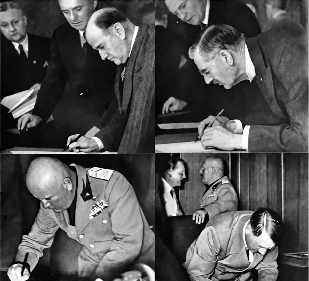 Čtyři fotografie z podpisu Mnichovské dohody: Daladier, Chamberlain, Mussolini a Hitler